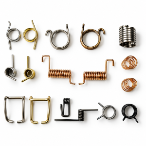 Assorted custom shaped springs and wire forms with coiled, hooked, straight-leg, and rectangular configurations arranged on a white background.