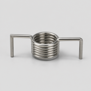 Custom torsion spring with two formed legs on a neutral studio background