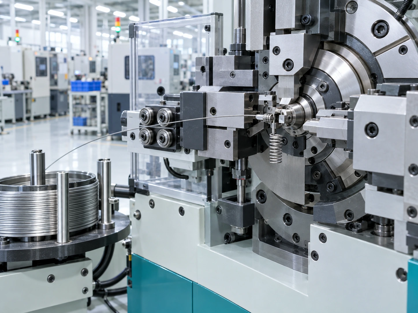 Precision spring wire feeding and forming system