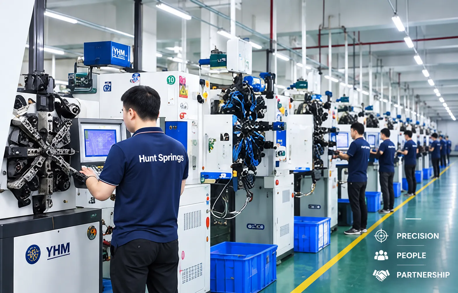 Hunt Springs precision spring factory with operator and production line
