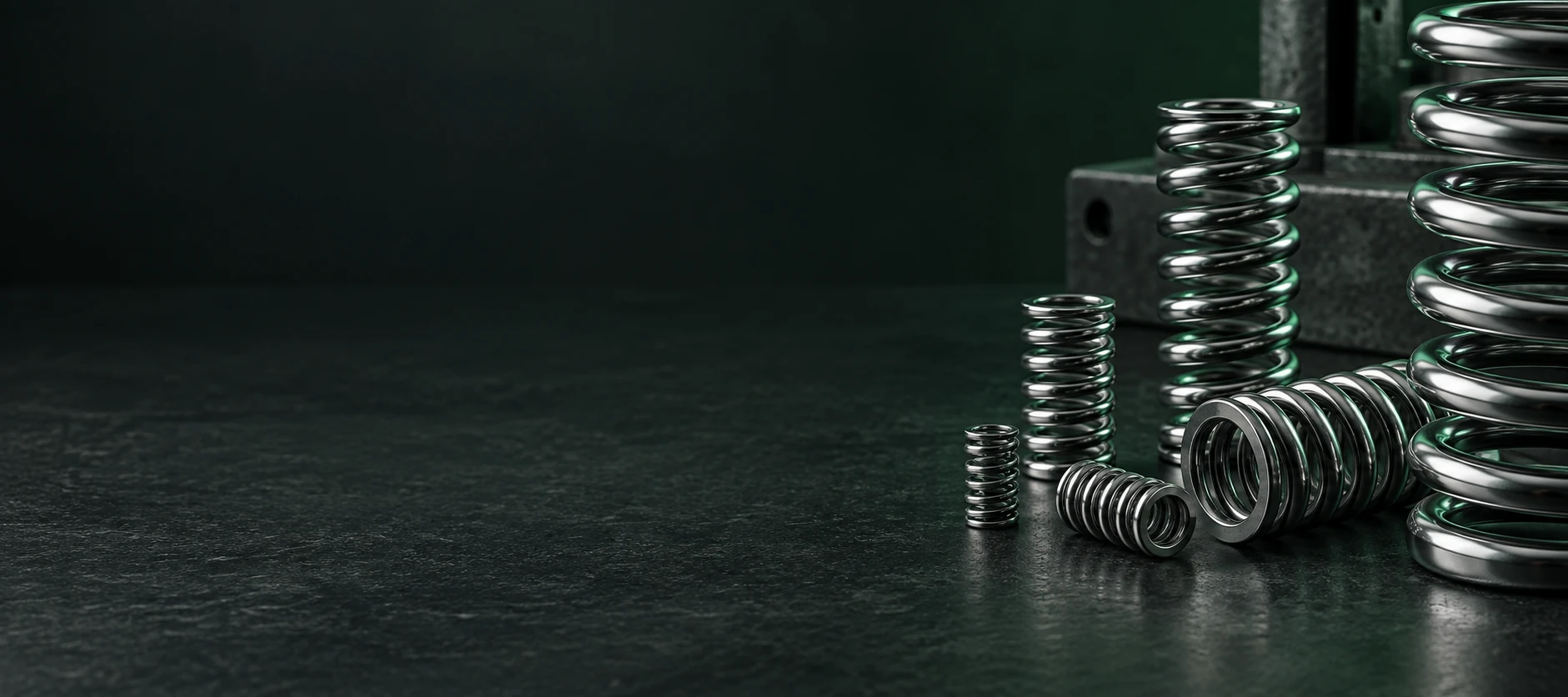 Polished precision compression springs on a dark industrial work surface