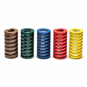 Five upright rectangular wire compression springs in brown, green, blue, red and yellow on a white background.